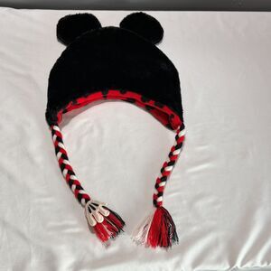 Disney Mickey Mouse Ear Hat One Size Fleece Braided Tassel Black Red